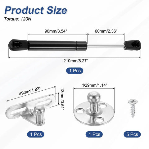 8 Inch 120N Gas Struts Lid Support Hinges With Heavy Duty Soft Close Action Folding Lid Stay Lift Assist Slow Lowering Pneumatic Buffer For Cabinet Closet Wardrobe Black Finish, 210mm, black strut with mounts and screws