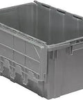 Heavy Duty Industrial Plastic Storage Tote With Hinged Attached Lid, 27 x 17 x 12 Inches, Gray, Stackable 4 Pack