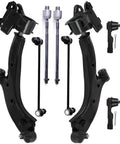 Eight Piece Front Suspension Kit For Honda CR V 2007 2008 2009 2010 2011 Comes With Front Lower Control Arm And Ball Joint Driver And Passenger Sides Outer Tie Rod Ends Inner Tie Rod Ends And Sway Bar End Links. Black steel front suspension parts set with control arms, tie rods, and end links.