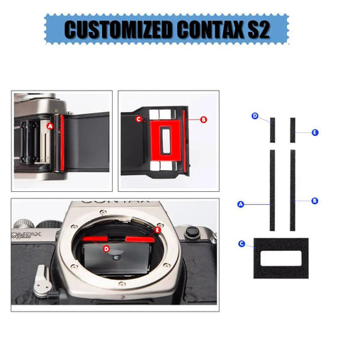 Pre Cut Self Adhesive Light Seal Foam Repair Kit For Vintage Film Cameras shown on customized Contax S2 with labeled foam parts.