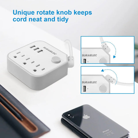 15 Ft Long Extension Cord With 3 Outlet Desk Power Strip And 3 USB Ports, flat plug, shown with rotate knob for neat cord storage.