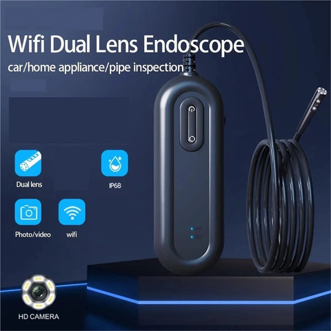 Pro Grade Dual Lens Wireless Endoscope For Engine Bay And Pipe Inspections, showing device with features like dual lens and waterproof build.