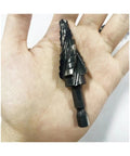 Rock Your DIY Projects With This 3 Piece Step Drill Bit Set Feat 1/4 Inch Hex Shank For High Speed Drilling In Wood And Plastic Plus No More Changing Bits Just Get It Done! black step drill bit in hand, 1/4 inch hex shank