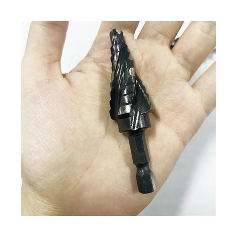 Rock Your DIY Projects With This 3 Piece Step Drill Bit Set Feat 1/4 Inch Hex Shank For High Speed Drilling In Wood And Plastic Plus No More Changing Bits Just Get It Done! black step drill bit in hand, 1/4 inch hex shank