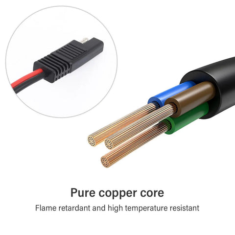 Five Piece SAE Battery Connectors With Beefy 14 Gauge Wire Harness 2 Pin Quick Disconnect Plug 12V Rig Wiring Adapter showing copper core and connector.