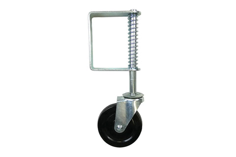 8735 Hard Rubber Spring Gate Caster With Universal Mount 5 Inch Wheel Automatic Height Adjustment For Uneven Ground 220 Lb Load Capacity Black
