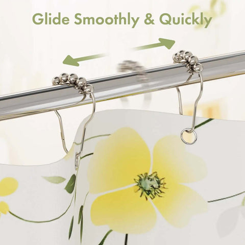 Rustproof Stainless Steel Shower Curtain Hooks Set Of 12 for bathroom rods with polished nickel finish, showing easy glide function
