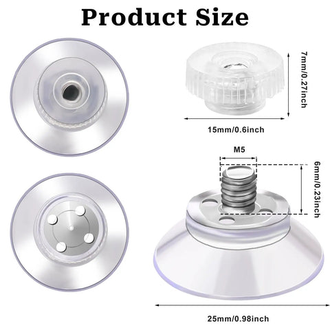 12 Pack Mini Suction Cups 1 Inch Clear PVC With M5 Screw Thread dimensions showing sizes and threads for organization and mounting.