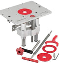 Solid As A Rock Aluminum Router Lift With Slick Quick Raise Lever And Hella Precise Crank Micro Adjustments For Four Point Two Inch Routers, detailed view of parts and accessories.