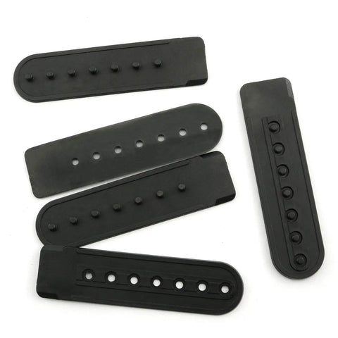 Snapback Strap Set For Hats, 12 Pairs Black PVC Plastic Replacement Buckle Straps With 7 Holes, laid out flat