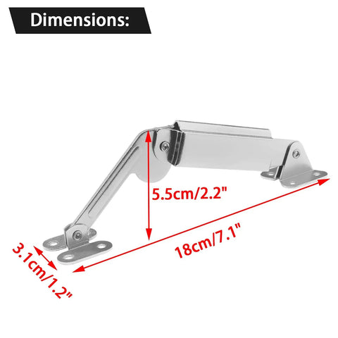 Spring Lid Support Hinges 2 Pack Left And Right Heavy Duty Mounting Hardware For Boxes Cabinets Toy Chests Silver Tone With Eight Mounting Screws Included For Easy Install, side view with dimensions 7.1 x 2.2 x 1.2 inches.