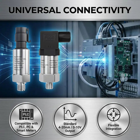Industrial Pressure Transmitter Sensor 0-3000 PSI With 1/4 NPT Thread Stainless Steel Gauge Pressure Sensor, shown with PLC connectivity.
