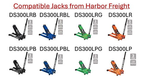Image showing eight Harbor Freight jacks compatible with the Replacement Saddle Pad For Daytona Low Profile 3 Ton Jack Long Reach Not Superduty Green Color Durable Jack Pad Upgrade For Safer Lifts And Better Load Distribution.
