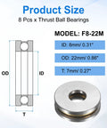 uxcell F8-22M miniature thrust ball bearing, 8mm ID × 22mm OD × 7mm, chrome steel with washers; 8 pcs, front view