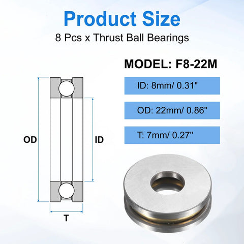 uxcell F8-22M miniature thrust ball bearing, 8mm ID × 22mm OD × 7mm, chrome steel with washers; 8 pcs, front view