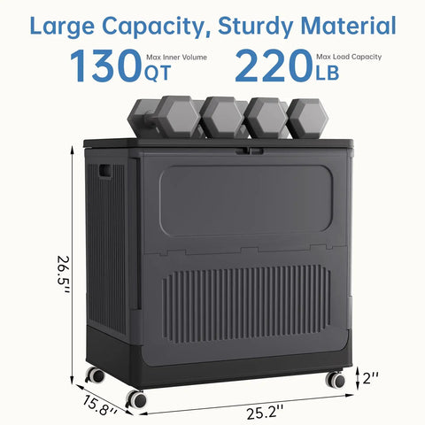 Hella Spacious Rolling Storage Totes With Snappy Lid Covers And Easy Glide Wheels Big Boy 130 Quart Plastic Organizer Bins showing dimensions and sturdy gray design.