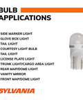 Image showing applications of Bright White LED Mini Bulbs 194 T10 W5W Replacement Pair for interior and license plate lights.