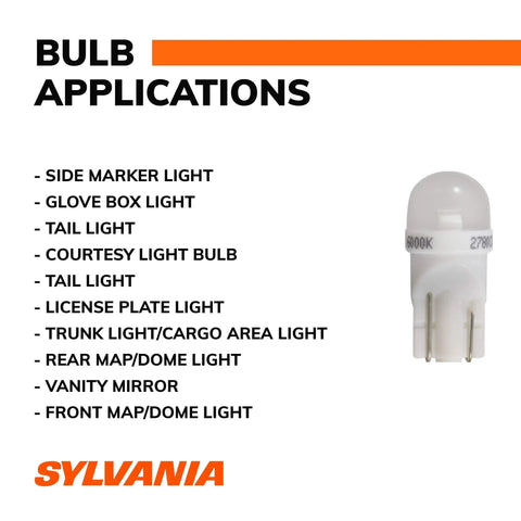Image showing applications of Bright White LED Mini Bulbs 194 T10 W5W Replacement Pair for interior and license plate lights.