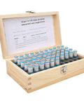 Open wooden case with 50-piece Pin Type Needle Gauge Set For Precise Hole Checks, 1.50-1.99mm increments, GCR15 steel