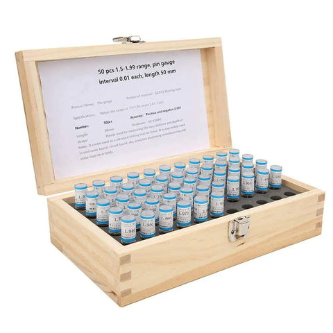 Pin Type Needle Gauge Set, 50 Pcs 1.5 to 1.99 mm with 0.01 mm Increments, in wooden box with GCR15 Bearing Steel pins visible