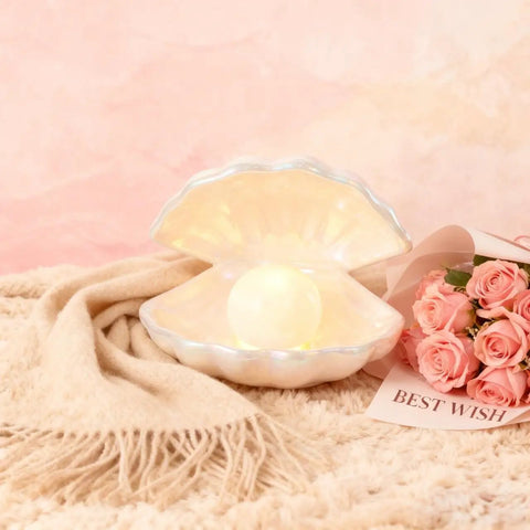 Ceramic Shell Pearl Light LED Clam Tabletop Lamp For Beach Room Decor White Pearl Glow Ocean Theme Night Light Gift
