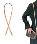 Top Shelf Genuine Vachetta Leather Shoulder Strap Straight Up Fine Short Purse Strap Thin Crossbody Handbag Replacement For Luxury Pochette Bag Apricot Tone on model with handbag.