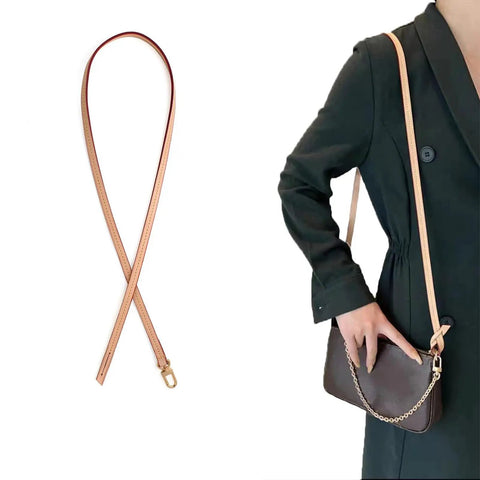 Top Shelf Genuine Vachetta Leather Shoulder Strap Straight Up Fine Short Purse Strap Thin Crossbody Handbag Replacement For Luxury Pochette Bag Apricot Tone on model with handbag.