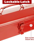 Red Small Metal Tool Box 15 Inch Portable Mini Tool Box With Hip Roof Style Heavy Duty Steel Construction And Corrosion Resistant Powder Coat Finish For Home Garage And On The Go Repairs, lockable latch close-up