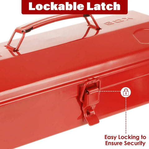 Red Small Metal Tool Box 15 Inch Portable Mini Tool Box With Hip Roof Style Heavy Duty Steel Construction And Corrosion Resistant Powder Coat Finish For Home Garage And On The Go Repairs, lockable latch close-up