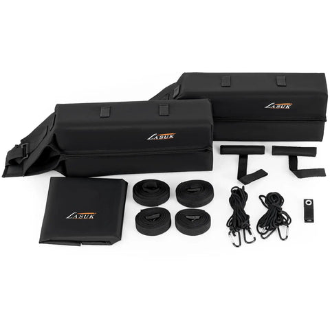 Soft Roof Rack Pads For Kayak, SUP, Surfboard, And Canoe with 2 tie-down straps, 4 quick loop straps, and storage bag