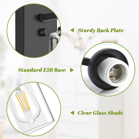 Detailed view of Modern Wall Sconces Set Of Two For Bathroom Vanity Killer Matte Black Finish With Clear Glass Shades showing E26 base and sturdy back plate.