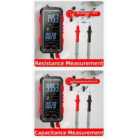 Workhorse Digital Multimeter With USB Rechargeable Auto Ranging showing resistance and capacitance measurements.