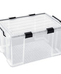Super Sized 3 Pack Heavy Duty Waterproof Plastic Stackable Storage Totes 90 Quarts Locking Bins with Snap Shut Clips and Clear View