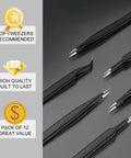 Grab And Go All In One 12 Pack Precision Tweezers Set With Case, black metal tweezers with varied tips on gray background