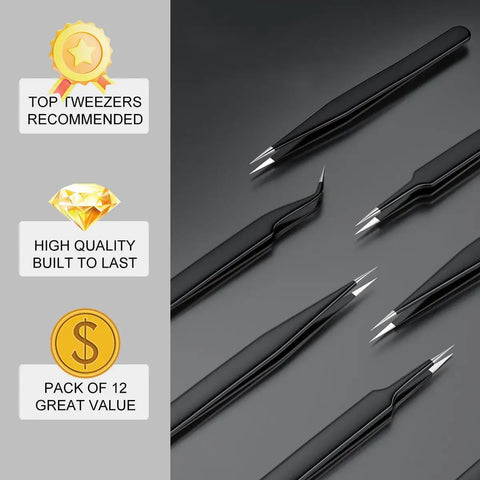 Grab And Go All In One 12 Pack Precision Tweezers Set With Case, black metal tweezers with varied tips on gray background