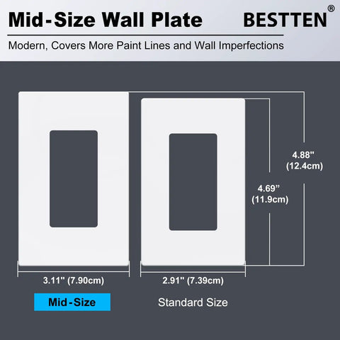 Comparison of 40 Pack Mid Size Screwless Outlet Covers Wall Plates 1 Gang Gloss Snow White Decorative USWP6 to standard size