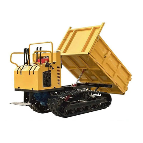 Heavy Duty Mini Crawler Dumper Featuring Rock Solid Hydraulic Dump Bed, Compact yellow track hauler for gravel and soil.