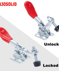 Heavy Duty 4 Pack Quick Release Toggle Clamps For Woodworking And Welding Projects showing unlocked and locked positions.