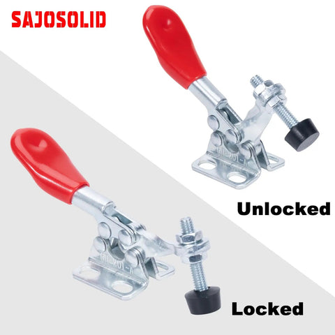 Heavy Duty 4 Pack Quick Release Toggle Clamps For Woodworking And Welding Projects showing unlocked and locked positions.