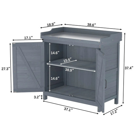 All Weather Wood Garden Storage Cabinet With Built In Workbench And Potting Table Waterproof Tool Shed showing open shelves and dimensions