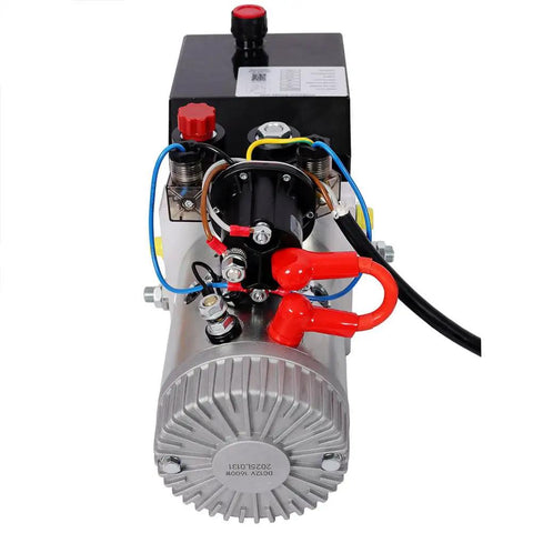 STANSS 12V Double Acting Hydraulic Power Unit With 3 Quart Steel Reservoir And 3Hp Dc Motor showing front view with connections.