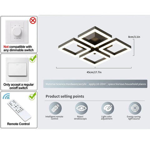 Diagram of Led Ceiling Light Four Square Dimmable Flush Mount Fixture for various rooms with remote control and compatibility info