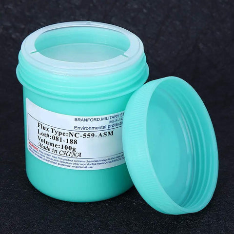 Open jar of NC-559 ASM flux, 100g, for No Clean Solder Paste For Phone Repair And PCB Rework Pro Grade Tin Flux For Smooth Soldering 559 NC-559 28um Low Residue Quick Flow For Tiny SMD BGA PGA Jobs use