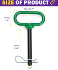Beefy 1/2 Inch Trailer Hitch Pin And Clip With Rubber Coated Green Handle, 3-5/8 Inch Shank, One-Handed Quick Release For Tractors, Towing, Lawn Mowers, Golf Carts, ATVs, And Gates. Green steel hitch pin with 3-5/8 inch shank and clip, sized 1/2 inch.
