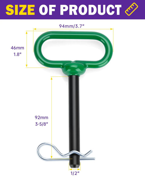 Beefy 1/2 Inch Trailer Hitch Pin And Clip With Rubber Coated Green Handle, 3-5/8 Inch Shank, One-Handed Quick Release For Tractors, Towing, Lawn Mowers, Golf Carts, ATVs, And Gates. Green steel hitch pin with 3-5/8 inch shank and clip, sized 1/2 inch.