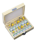 Heavy Duty 12 Piece 8Mm Router Bit Set With Tungsten Carbide Tips and Kickback Free Design For Smooth Woodworking in wooden case.