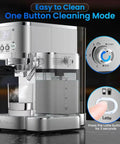 Pro Grade 20 Bar Espresso Machine With Automatic Milk Frother And Precision Temperature Control For Low Stress Home Brewing And Straight Fire Barista Coffee Sips Daily with front display and cleaning mode.