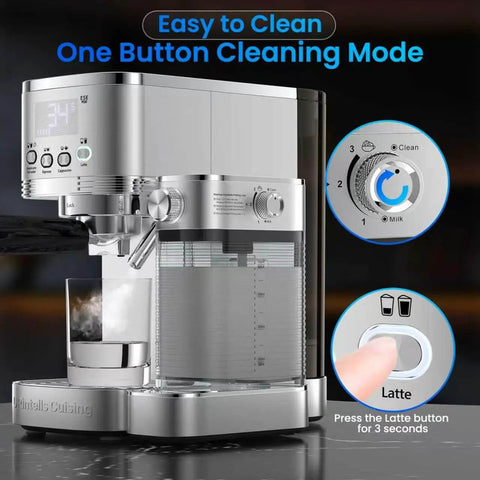 Pro Grade 20 Bar Espresso Machine With Automatic Milk Frother And Precision Temperature Control For Low Stress Home Brewing And Straight Fire Barista Coffee Sips Daily with front display and cleaning mode.