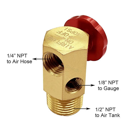 Badass Brass Air Tank Manifold Featuring One Half Inch Mnpt Fill Port And Quarter Inch Fnpt Hose Adapters, showing brass assembly with red knob.