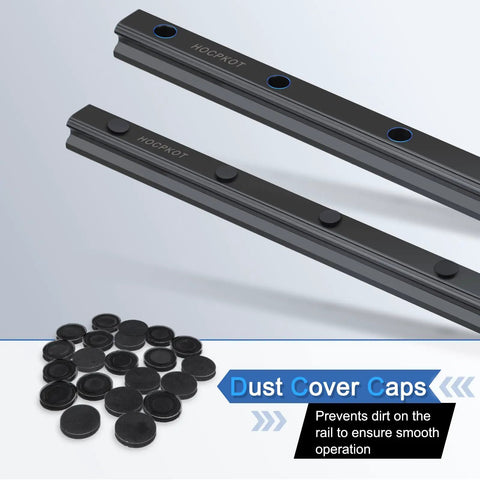 400mm Linear Guide Kit With Two Rails, Four HGH15CA Carriage Blocks, And Four HG15 End Stop Blocks shown with dust cover caps